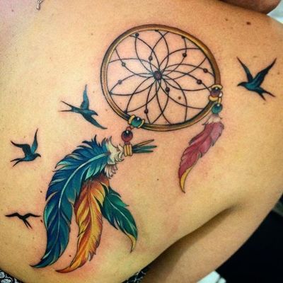  Tatouage attrape rêve avec des oiseaux bleus